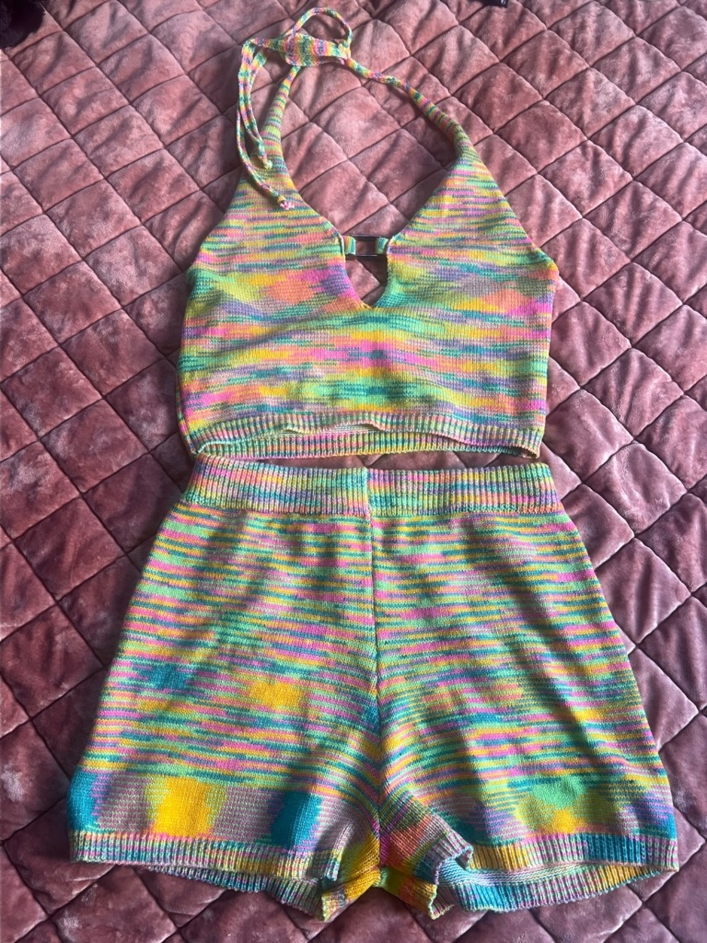 Women’s Multicolor Knit Halter Romper - Rainbow Stripes